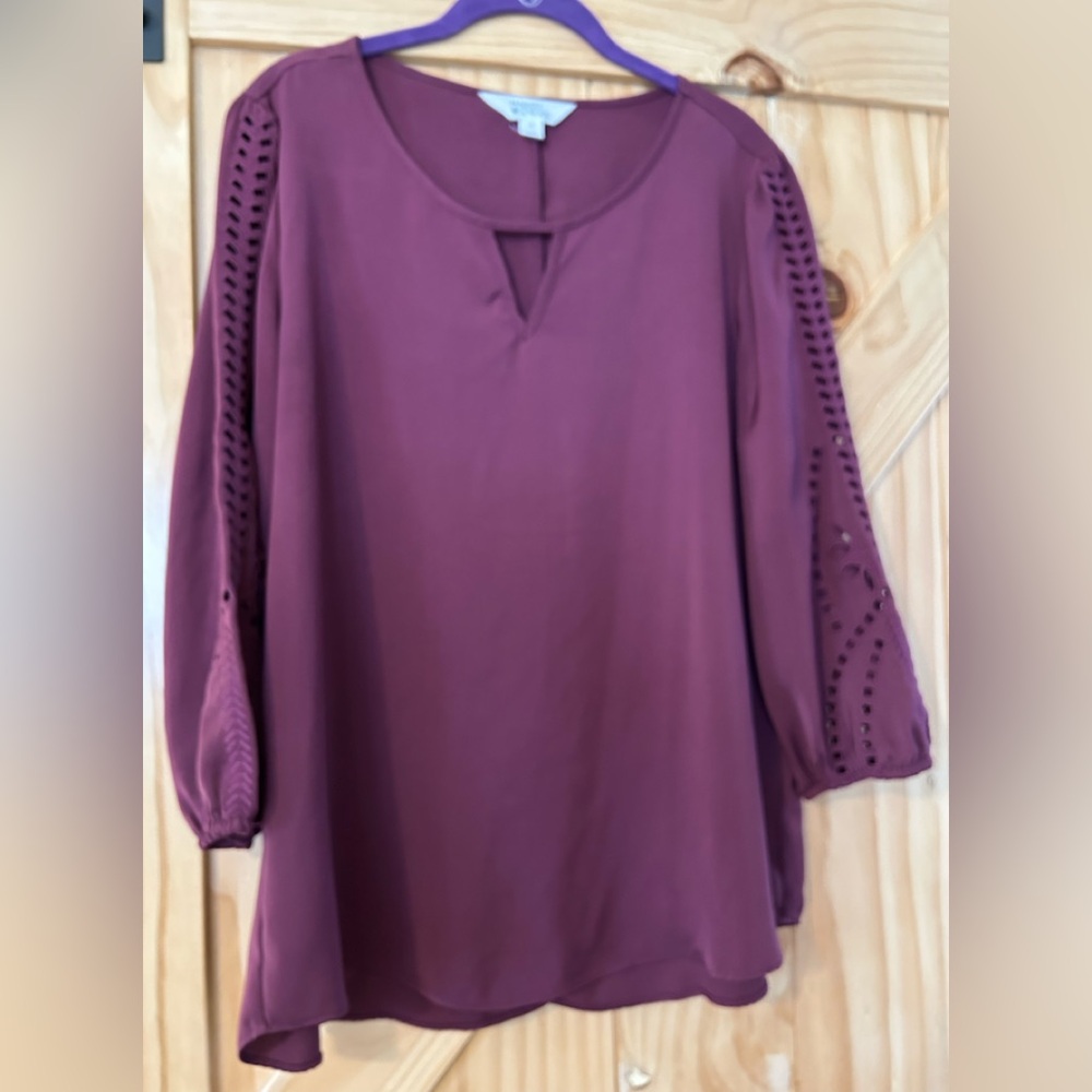 Market & Spruce Red Puff Sleeve Blouse with Mandarin Collar